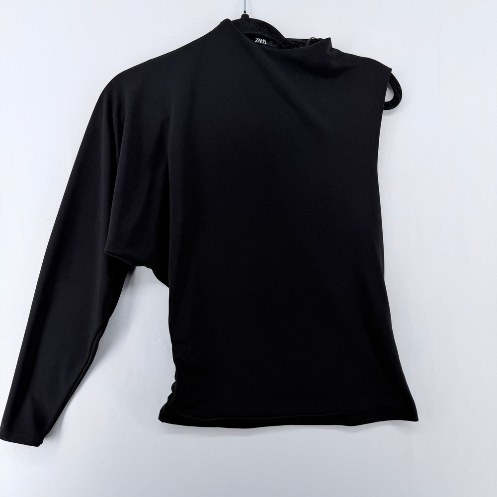 Zara Womens Black One Shoulder Asymmetrical Long Sleeve Draped Top Size XS